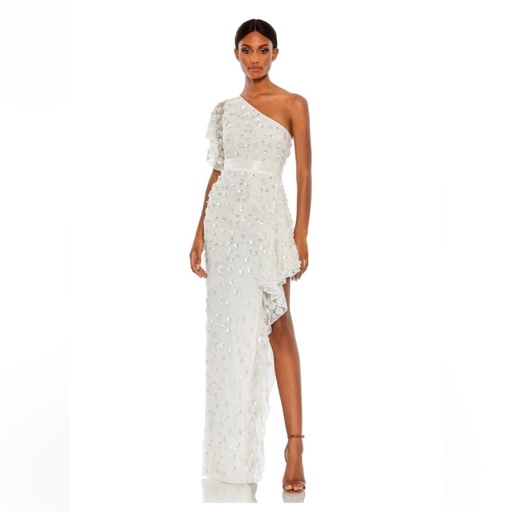 Mac Duggal One-Shoulder Embellished Gown in Ivory White Style #93687